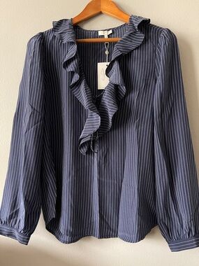 Joie Navy Pinstripe Ruffle Front Button-Down washed silk Blouse